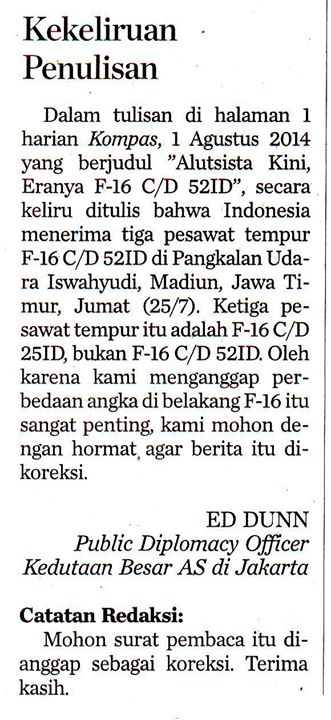Klarifikasi Kedutaan Besar Amerika tentang F-16CD Blok 25