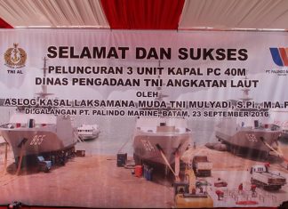 Launching Tiga Unit Kapal Patroli Cepat 40 Meter Pesanan TNI AL di Galangan Kapal PT. Palindo Marine Batam Banner Launching KPC 40 M